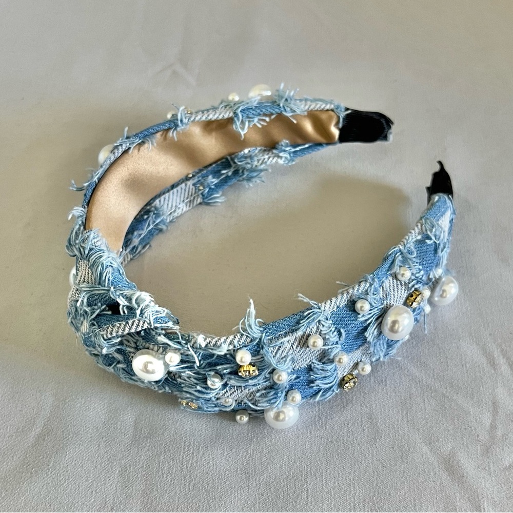 NEW Pearl & Rhinestone Checkered Denim Knotted Headband